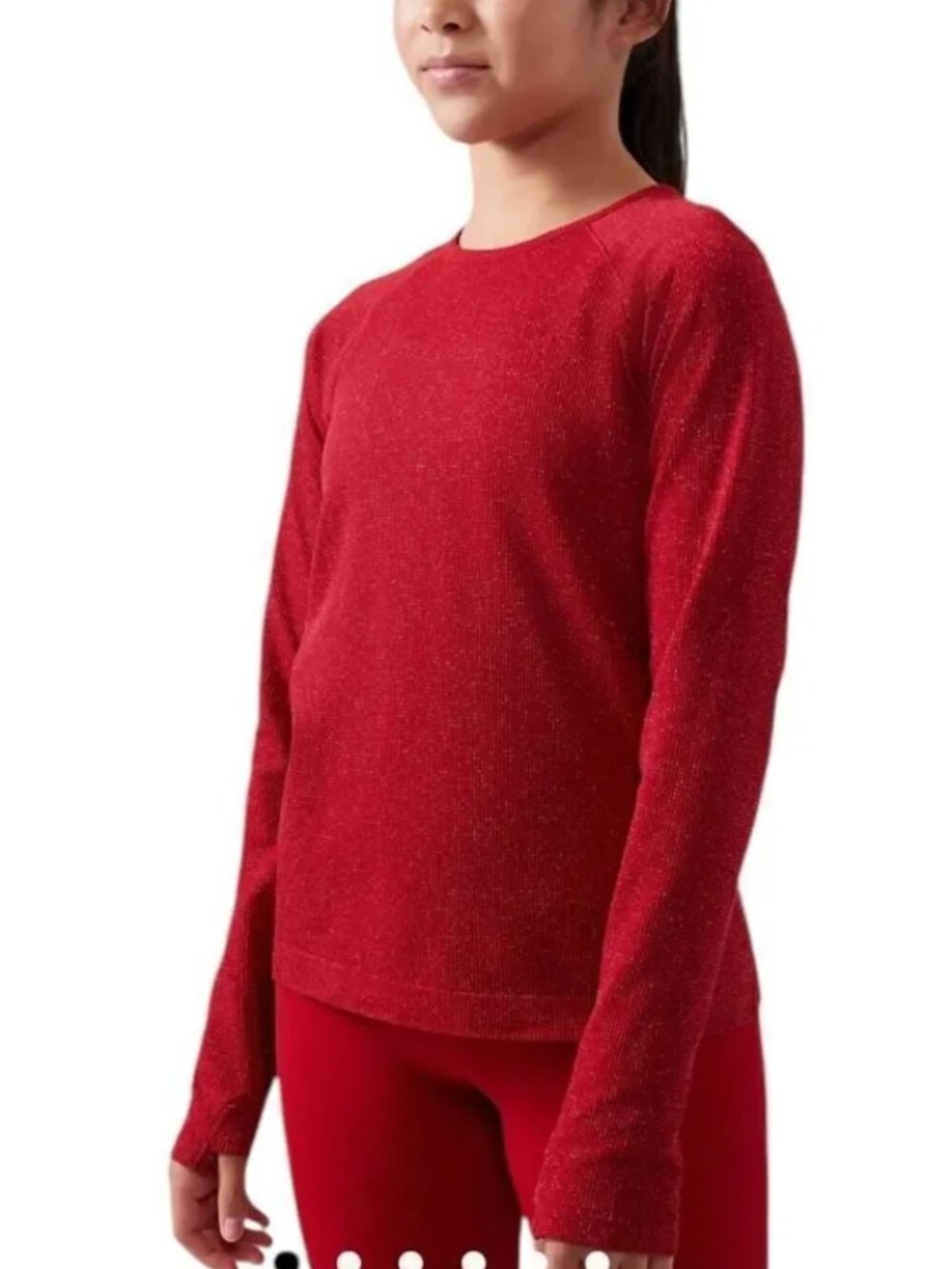 Athleta Girl Power Up Shimmer Top Candy Red Long Sleeve Waffle Knit Seamless